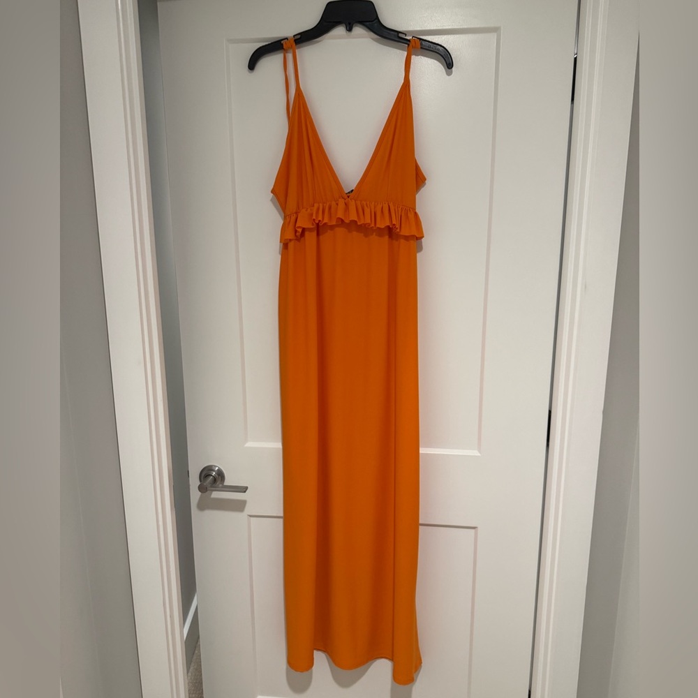 Plunge Neck Orange Maxi Dress